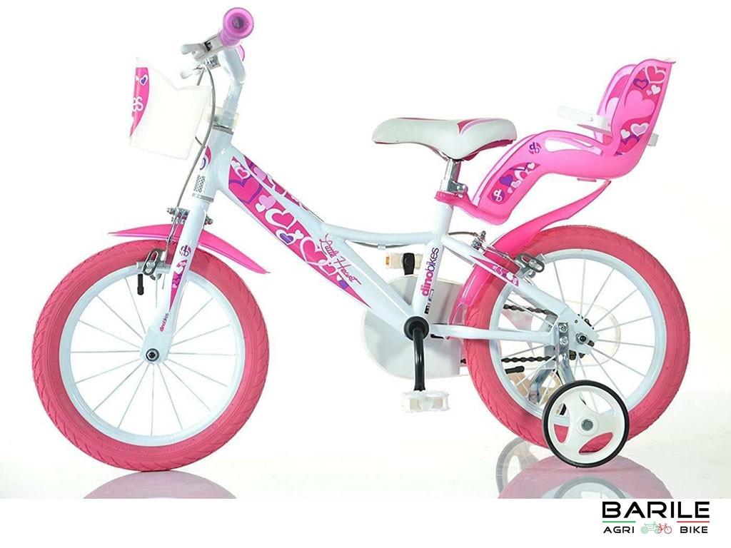 Bici LITTLE HEART 14 " Bambina Rotelle - Cestino - Porta Bambola Bianco / Rosa