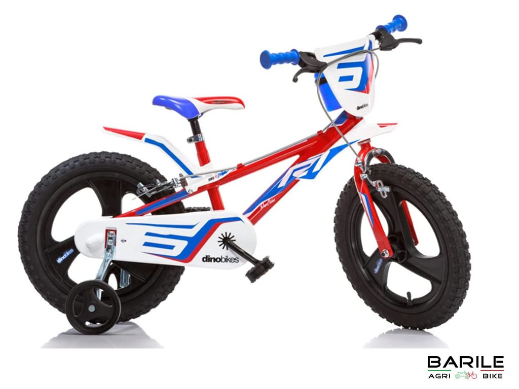 Bici R1 - 14 " Bambino Con Rotelle e Borraccia Rosso - Bianco - Blu Moto