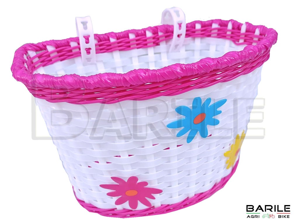 Cestino Anteriore Ovale Con Ganci Bianco / Fuxia Con Fiori Bici Bambina