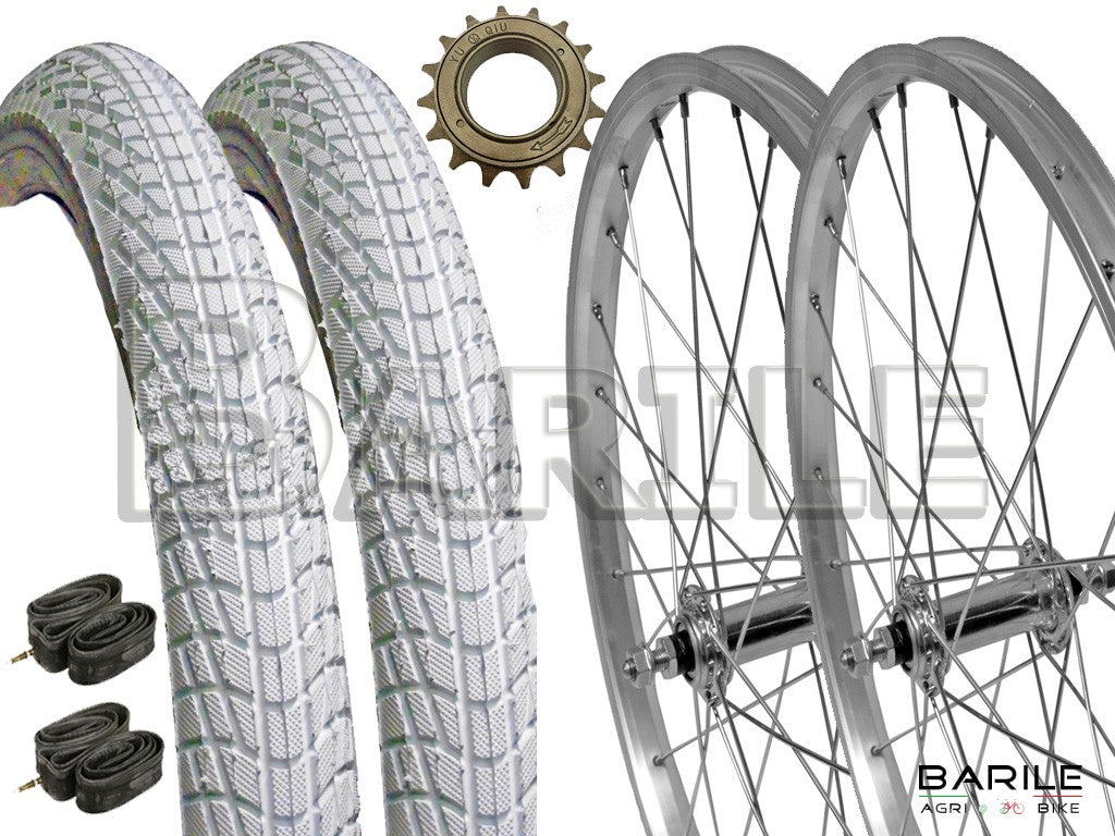 Coppia Ruote 20 " x 1.75 + Pignone + Copertoni Bianco + Camere Bici Graziella