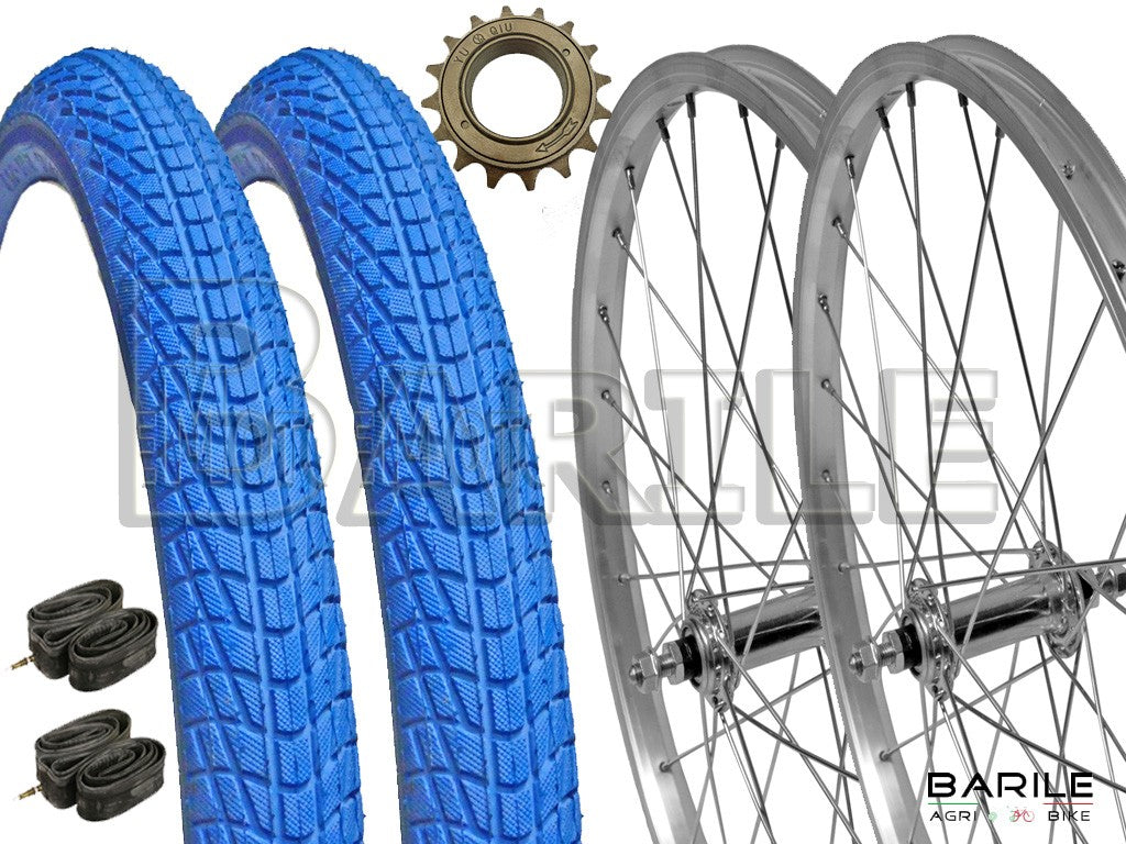Coppia Ruote 20 " x 1.75 + Pignone + Copertoni Blu + Camere Bici Graziella