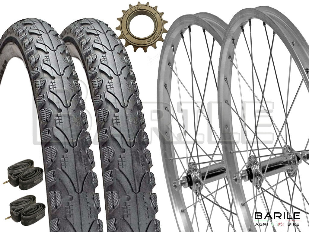 Coppia Ruote 24 x 1.75 + Pignone + Copertoni Nero Liscio + Camere Bici Graziella