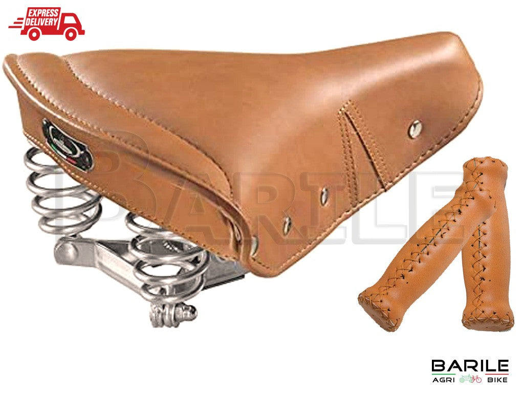 Sella MONTEGRAPPA STORICA + Manopole Pelle Bici Epoca - Bacchetta R Marrone