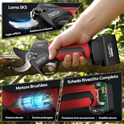 Laecabv 35mm Forbici Potatura a Batteria, 2 Batterie 4Ah, Protezione Anti-Taglio, Taglio Progressivo