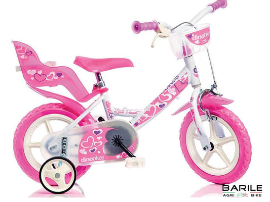 Bici LITTLE HEART 12 " Bambina Rotelle - Cestino - Porta Bambola Bianco / Rosa