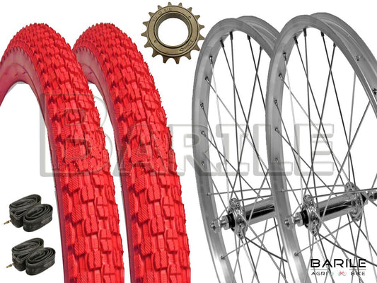 Coppia Ruote 20" x 1.75 + Pignone + Copertoni Rosso Tassellato + Camere Bici MTB