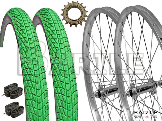 Coppia Ruote 20 " x 1.75 + Pignone + Copertoni Verde + Camere Bici Graziella